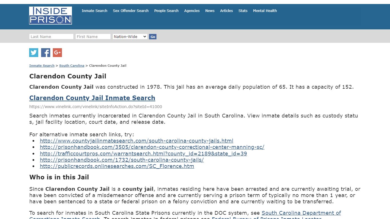Clarendon County Jail - South Carolina - Inmate Search - Inside Prison